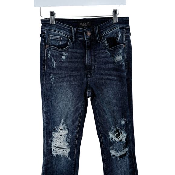 Judy Blue Mid Rise Slim Bootcut Jeans Dark Wash Distressed Western Womens 3/26 - Picture 3 of 10
